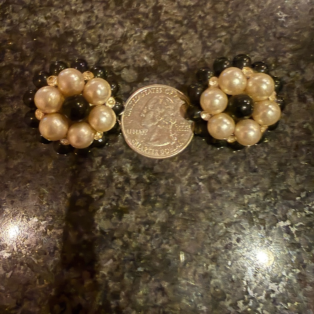 Vintage Earrings Black and Pearl Rhinestone Cluster Clip-Ons - Picture 5 of 10